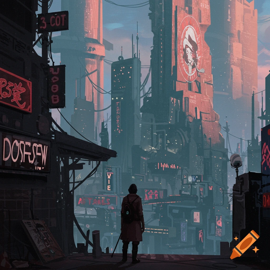 A person stands looking at a sprawling, futuristic dystopian city skyline with neon signs.