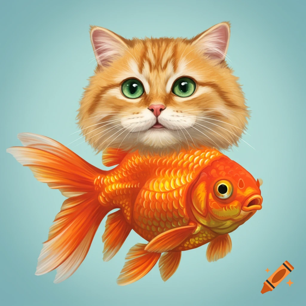 An orange cat head on an orange goldfish body