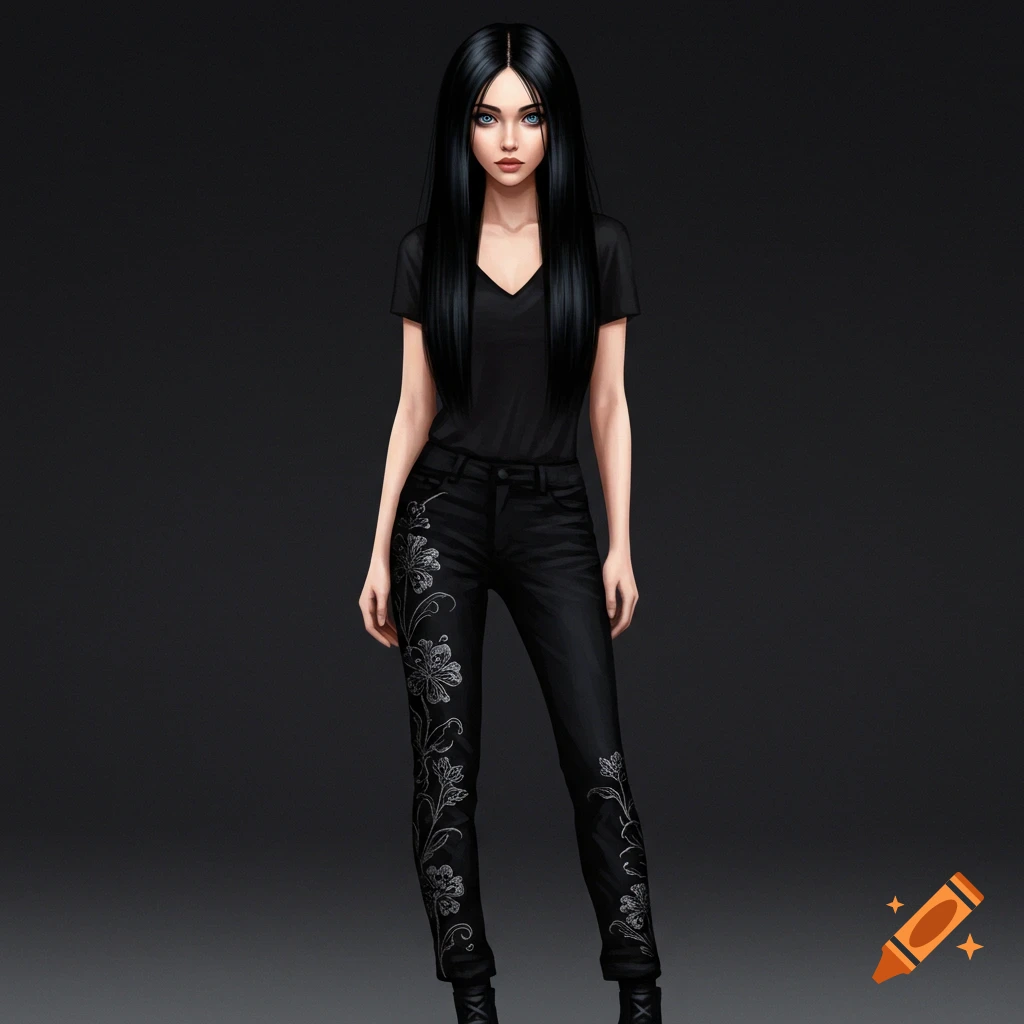 A tall woman with long black hair and blue eyes, wearing a black shirt and floral pants.