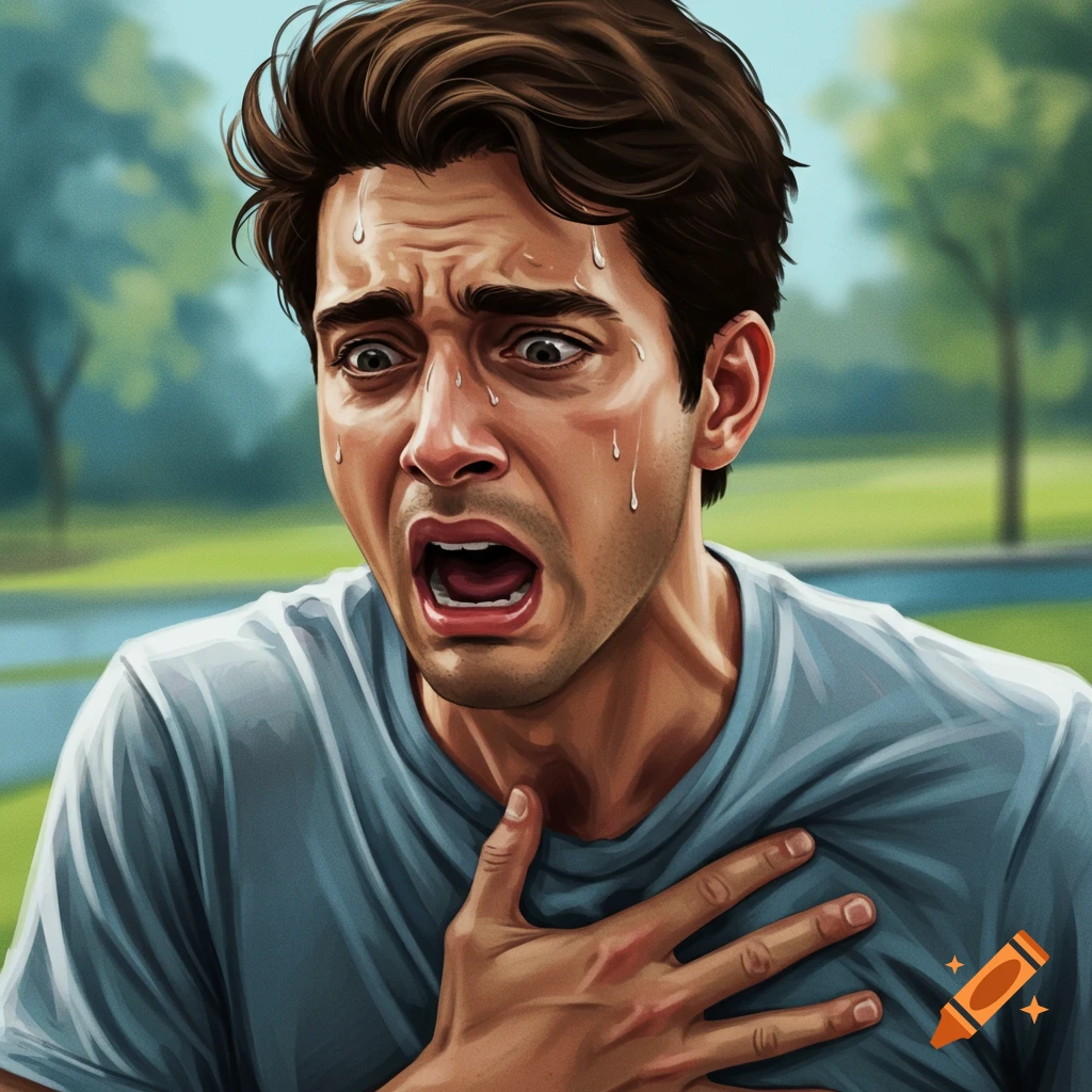 Painting of a distressed man having an asthma attack outdoors.