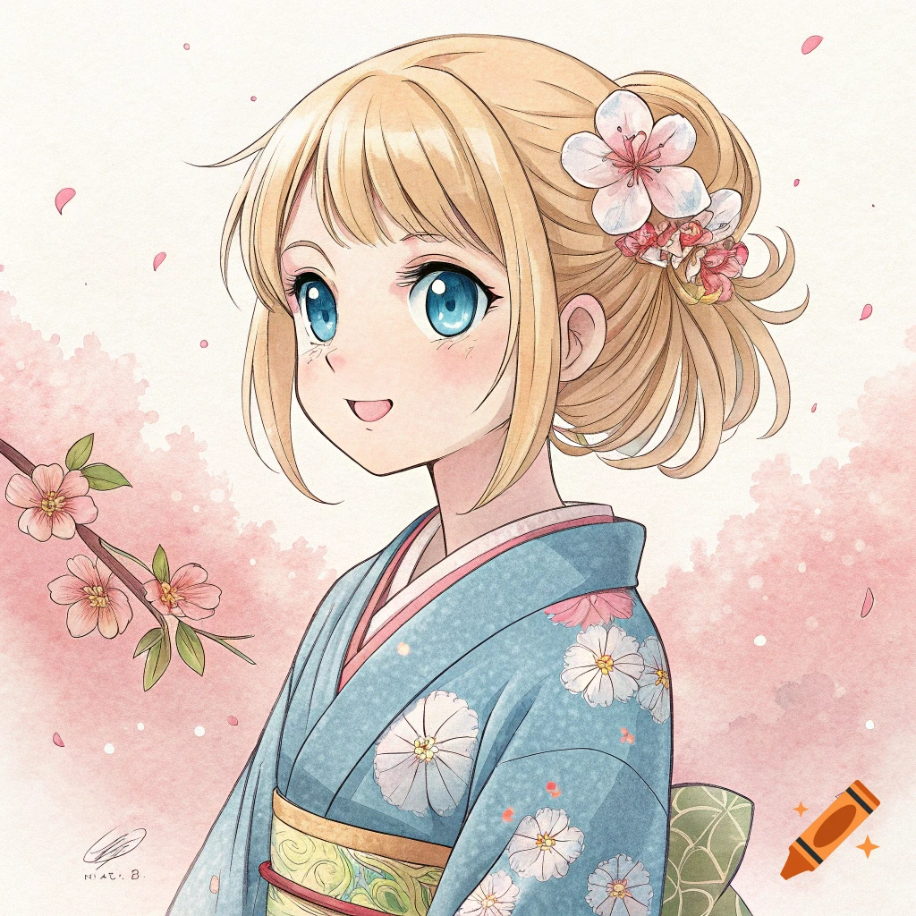 Anime girl with blonde hair and blue eyes in a blue kimono among cherry blossoms, watercolor style.