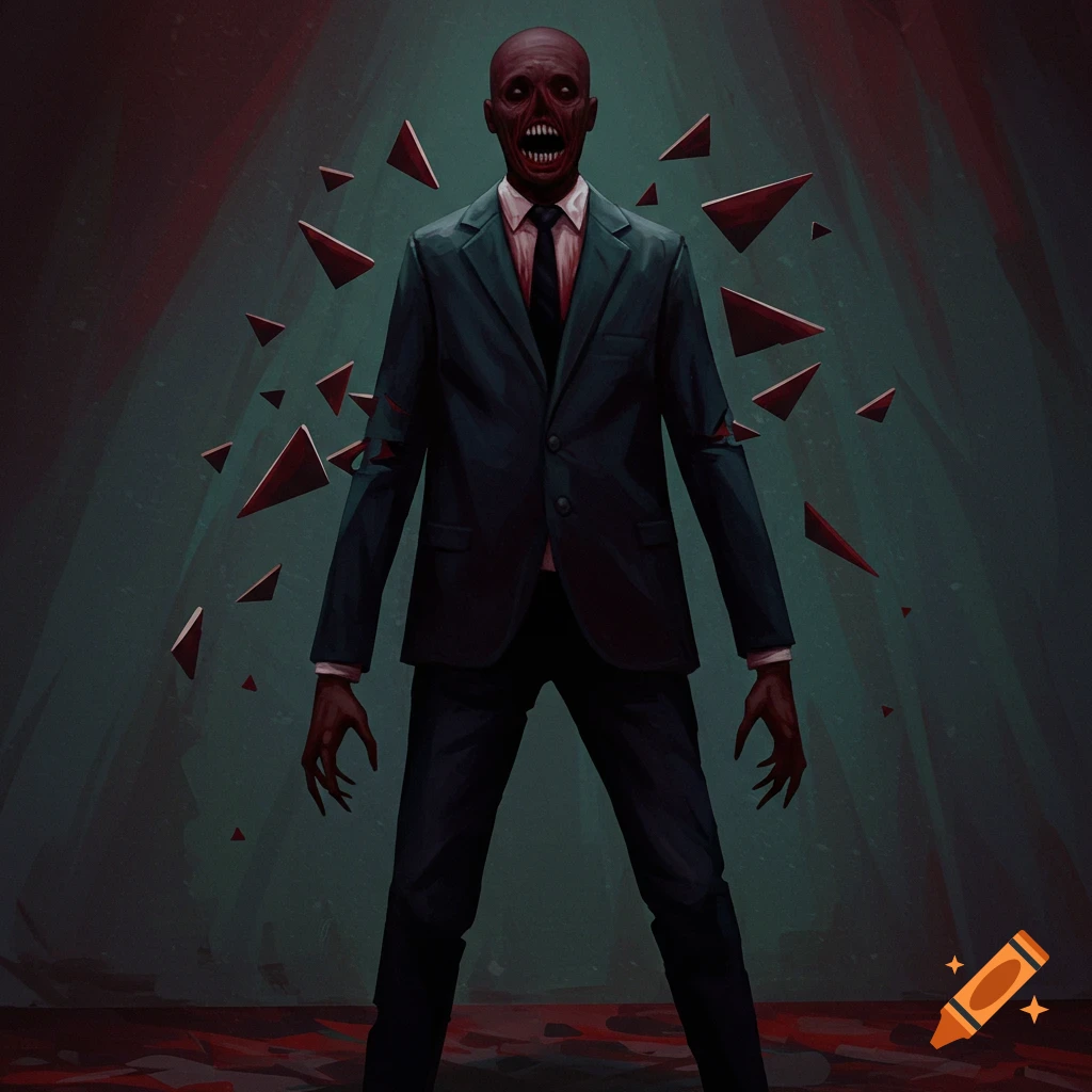 A tall, scary creature in a suit with sharp teeth and claws, surrounded by red triangles.