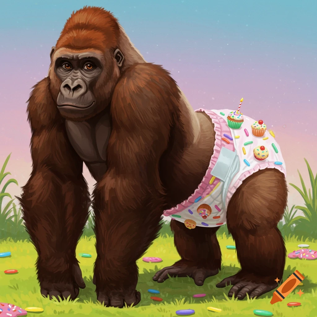 Picture of a gorilla wearing a diaper decorated with cupcakes and sprinkles.
