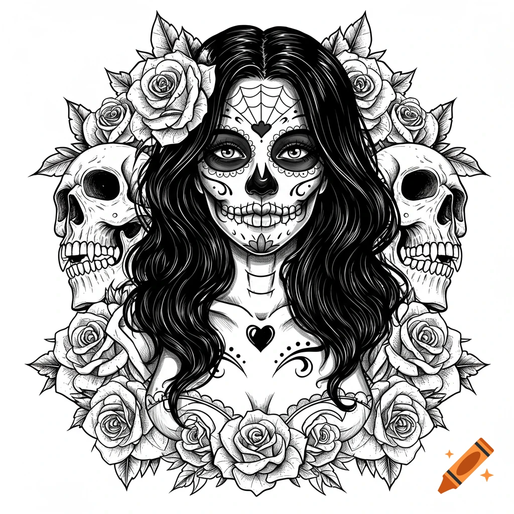 Black and white illustration of a sugar skull woman with long hair, surrounded by skulls and roses.