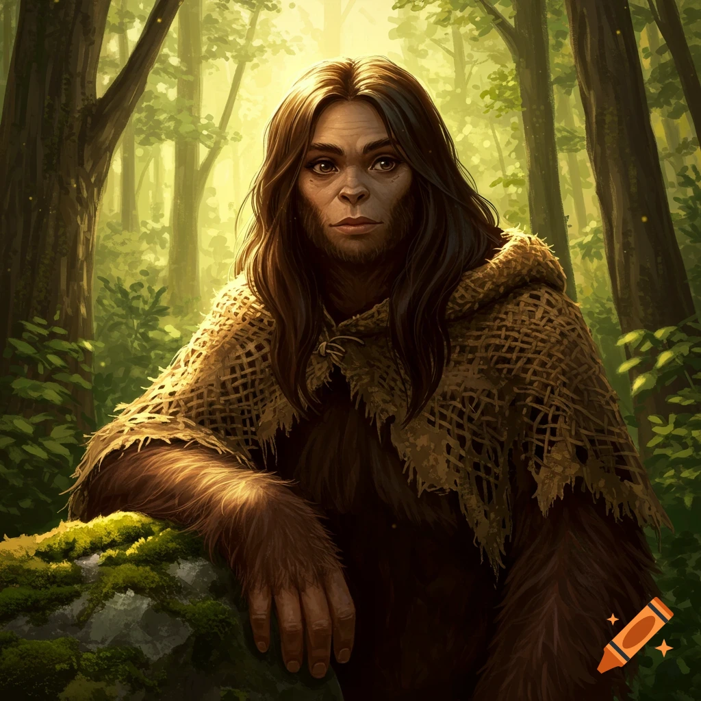 A female Bigfoot wearing a cloth is in a forest