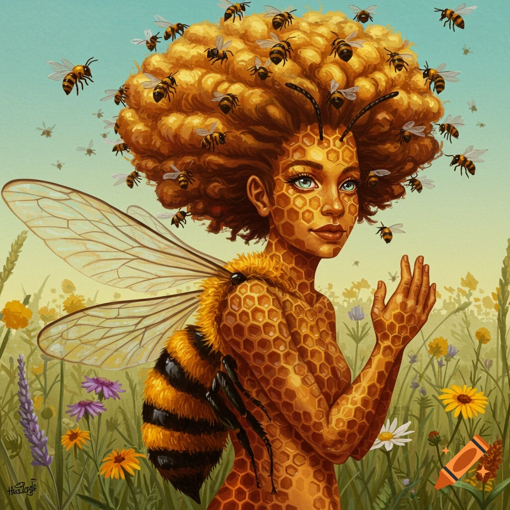 A human-bee hybrid with honeycomb skin and wings in a flower field.