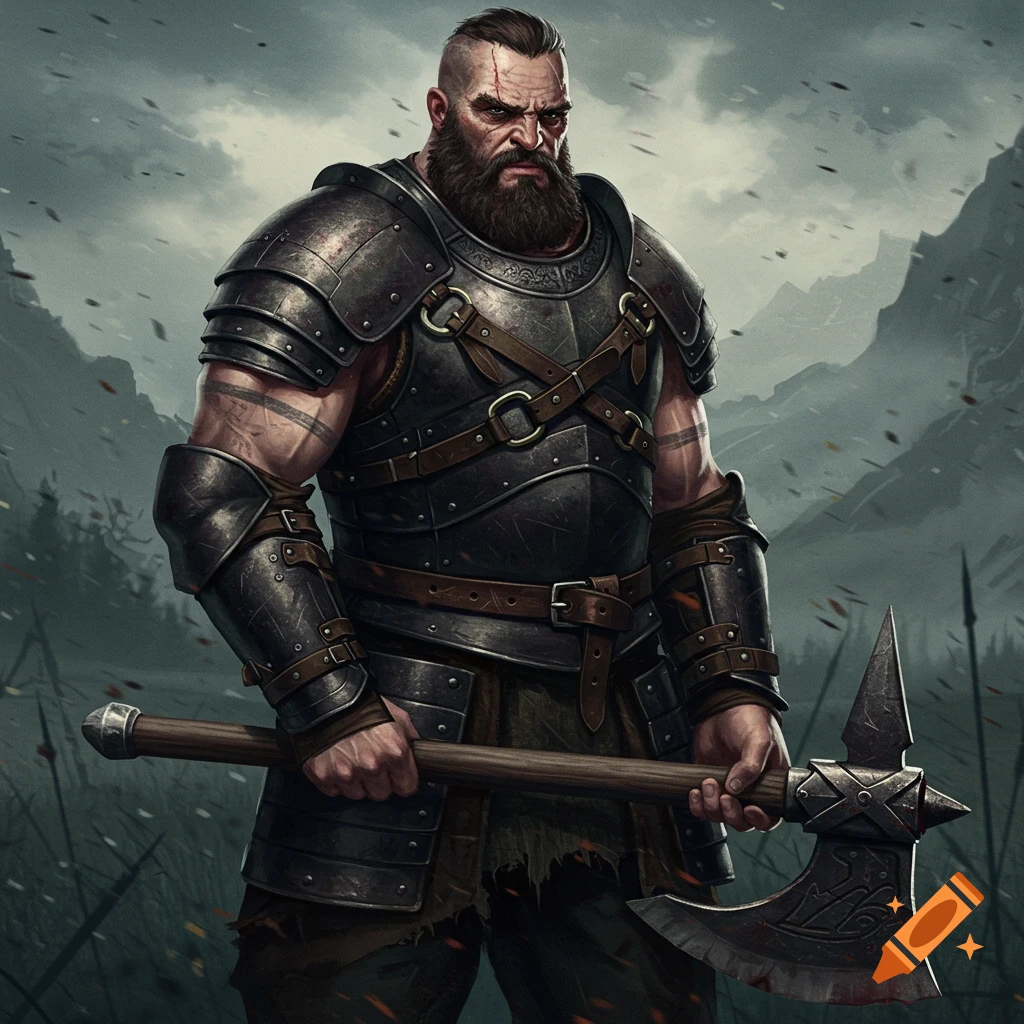 A heavily armored fantasy warrior holding a large axe on a stormy battlefield.