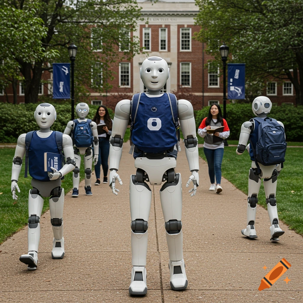Several humanoid robots with backpacks walk on a campus path, with humans in the background, in a realistic photo.