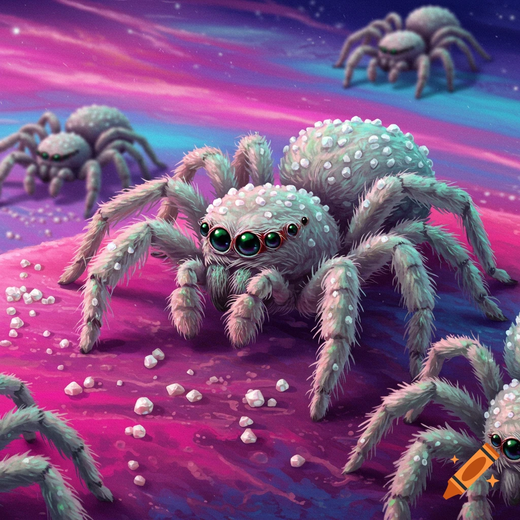 Several fuzzy spiders with green eyes on a pink and purple surface under a starry sky, digital art.