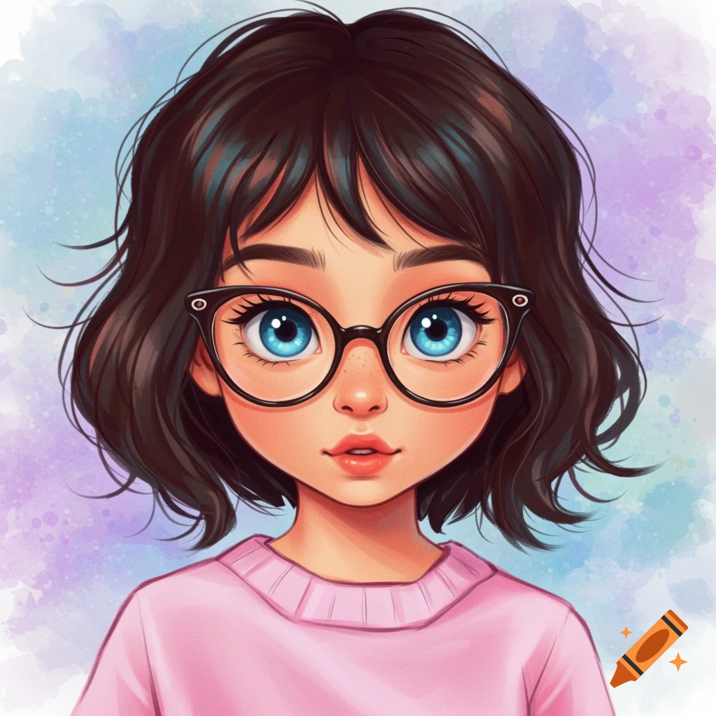 A young girl with blue eyes and glasses wearing a pink sweater is depicted against a watercolor background.