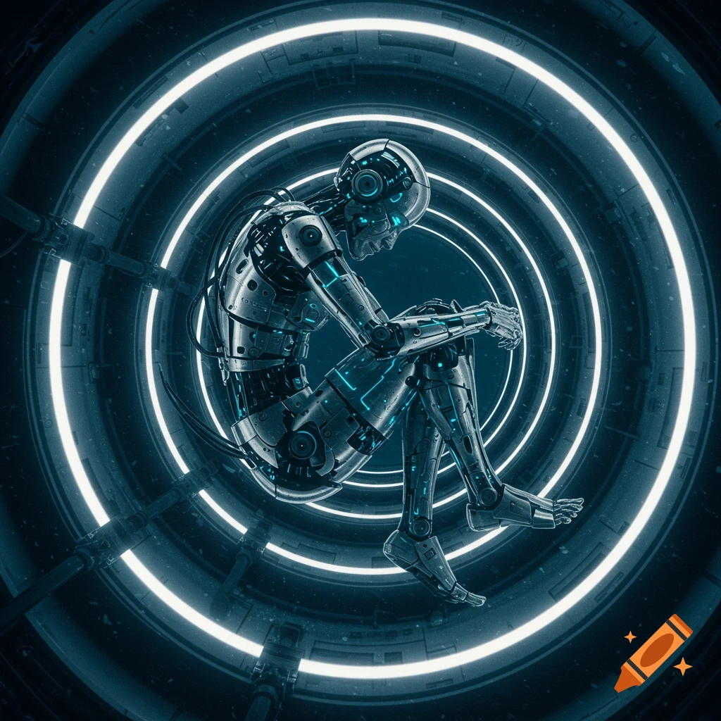 A robot in fetal position inside a sci-fi tube with glowing blue rings.