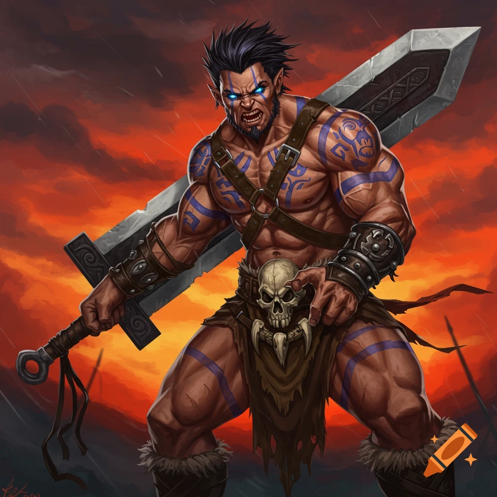 Muscular fantasy barbarian with blue tattoos holding a greatsword under a stormy sky.