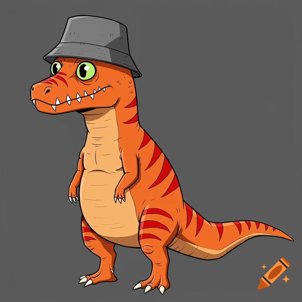 A cartoon orange dinosaur with red stripes wears a grey bucket hat.