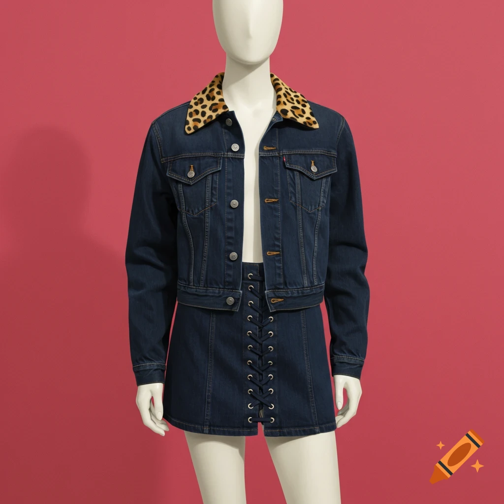 Mannequin wearing a denim jacket with cheetah print collar and a lace-up denim skirt.