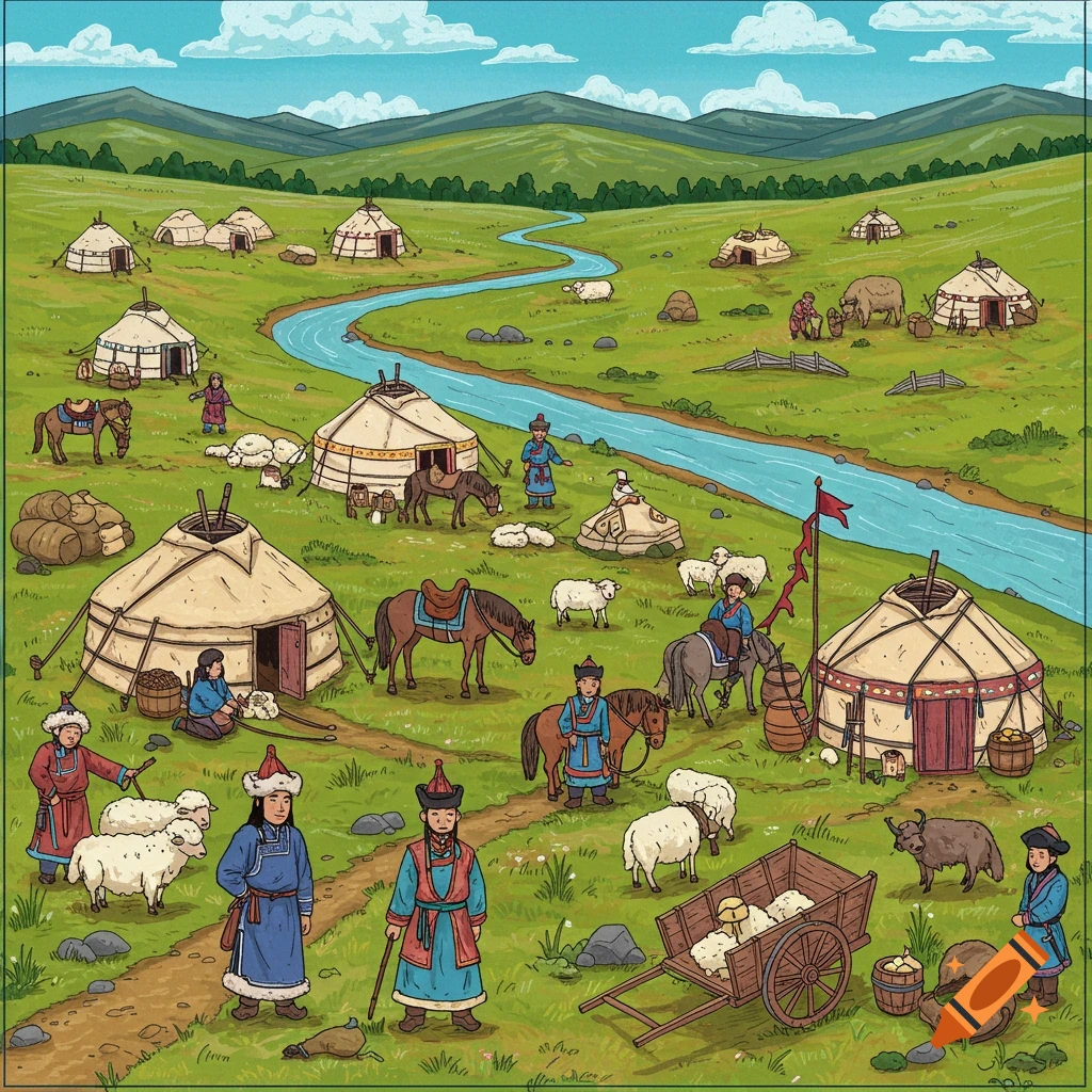 A nomadic camp with yurts, people in traditional clothes, horses, sheep, and carts is scattered across a green landscape by a river, with mountains in the background.