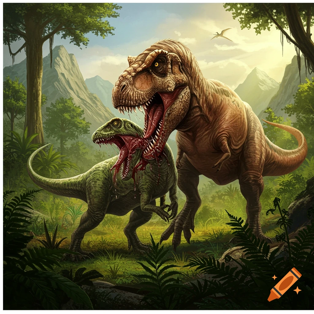 A T-Rex with its mouth open is biting a smaller green dinosaur. The scene takes place in a prehistoric jungle with mountains in the background.
