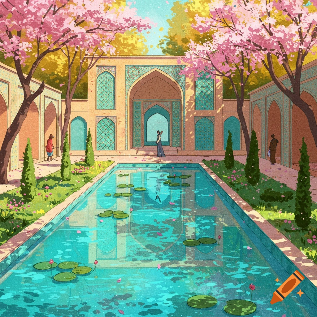 Minimalist painting of a Persian garden with pool, arched buildings, cherry blossoms, and figures.