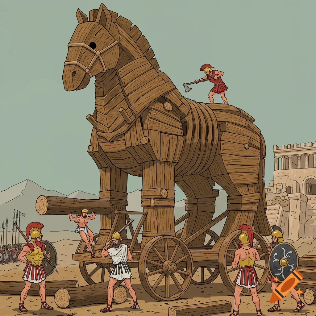 Vector graphic of Greek soldiers building a large wooden Trojan Horse.