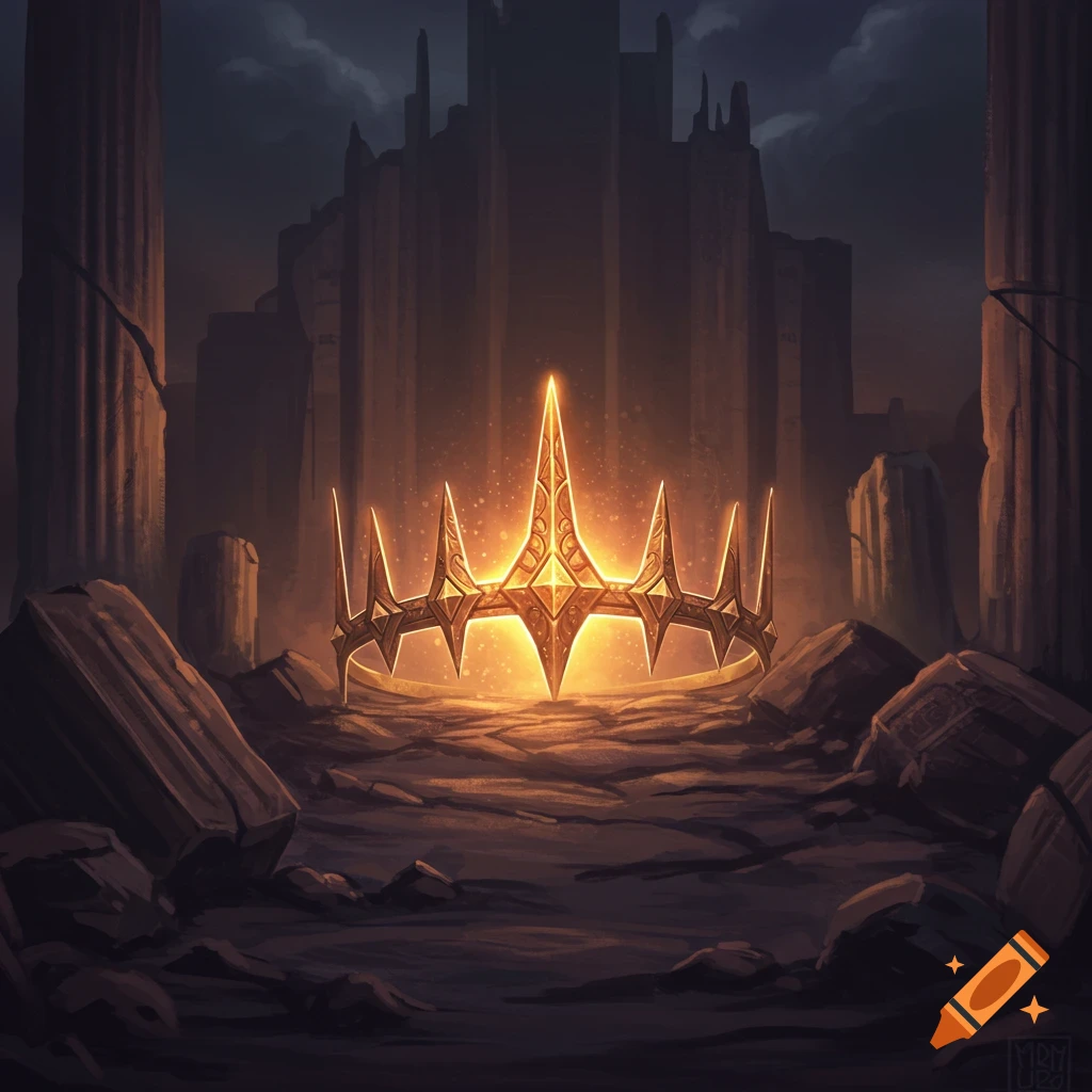 A glowing gold crown sits on rocky ground in ancient ruins under a dark sky.