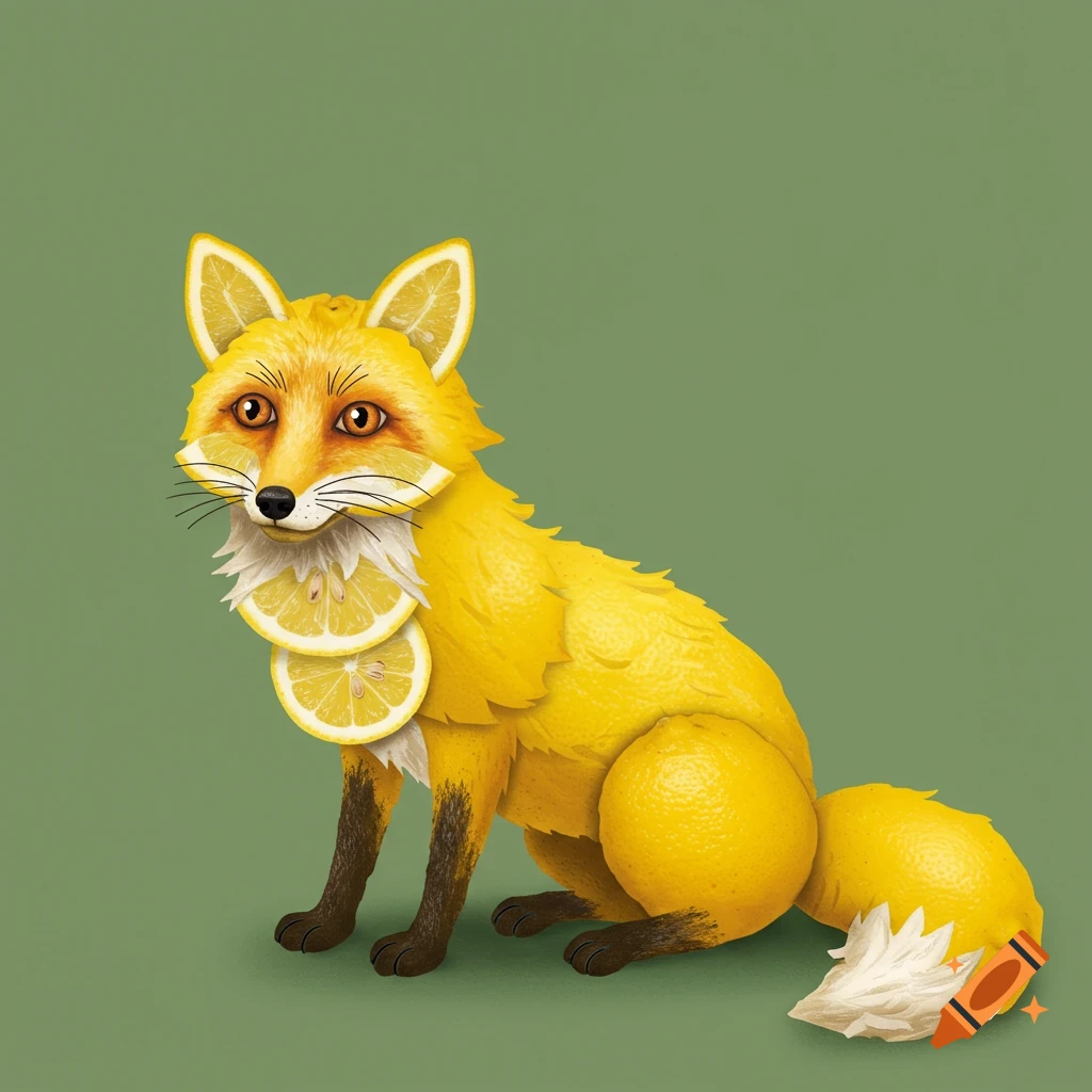 A stylized illustration of a sitting fox made entirely of lemons against a green background.