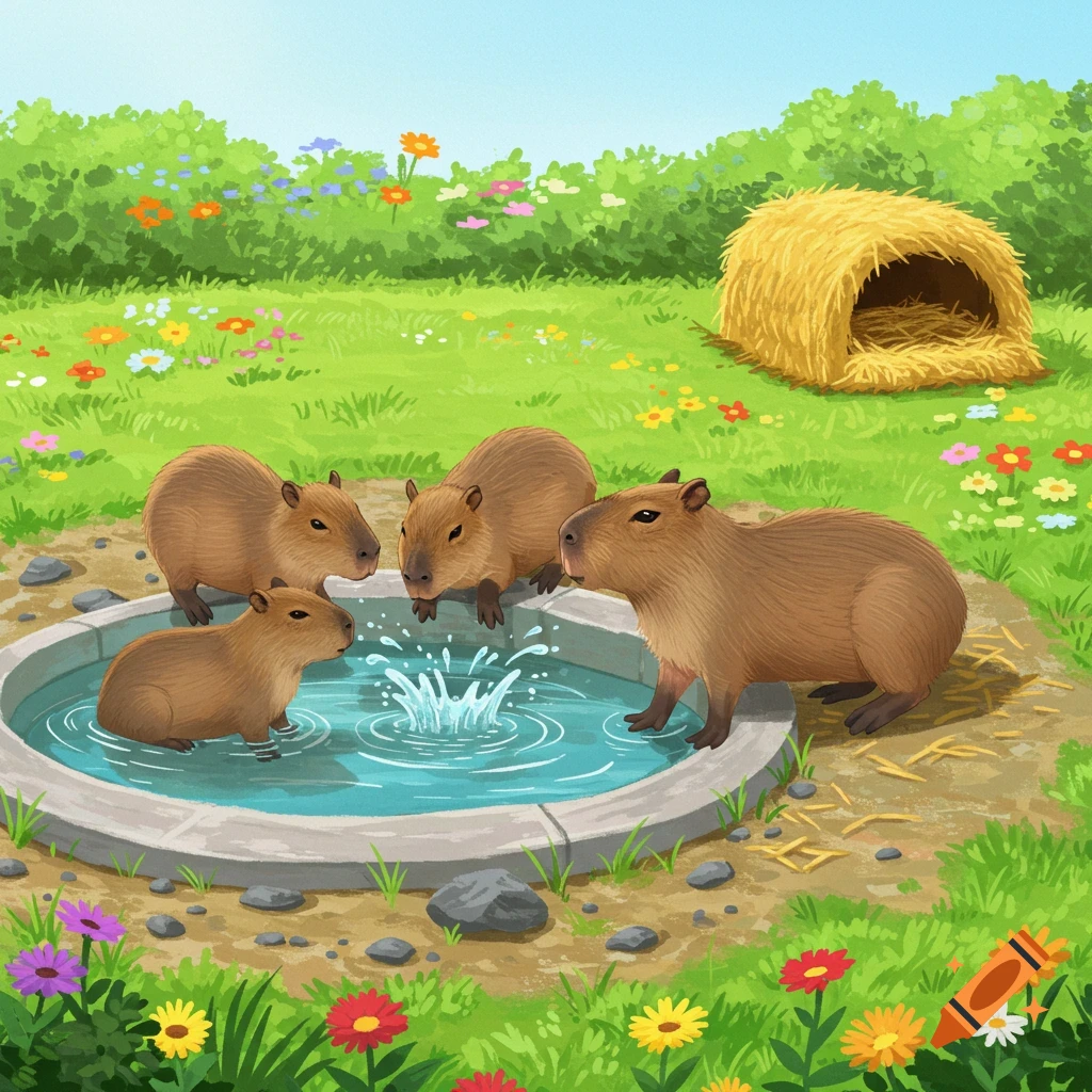 Four capybaras around a pool in a field with flowers and hay.