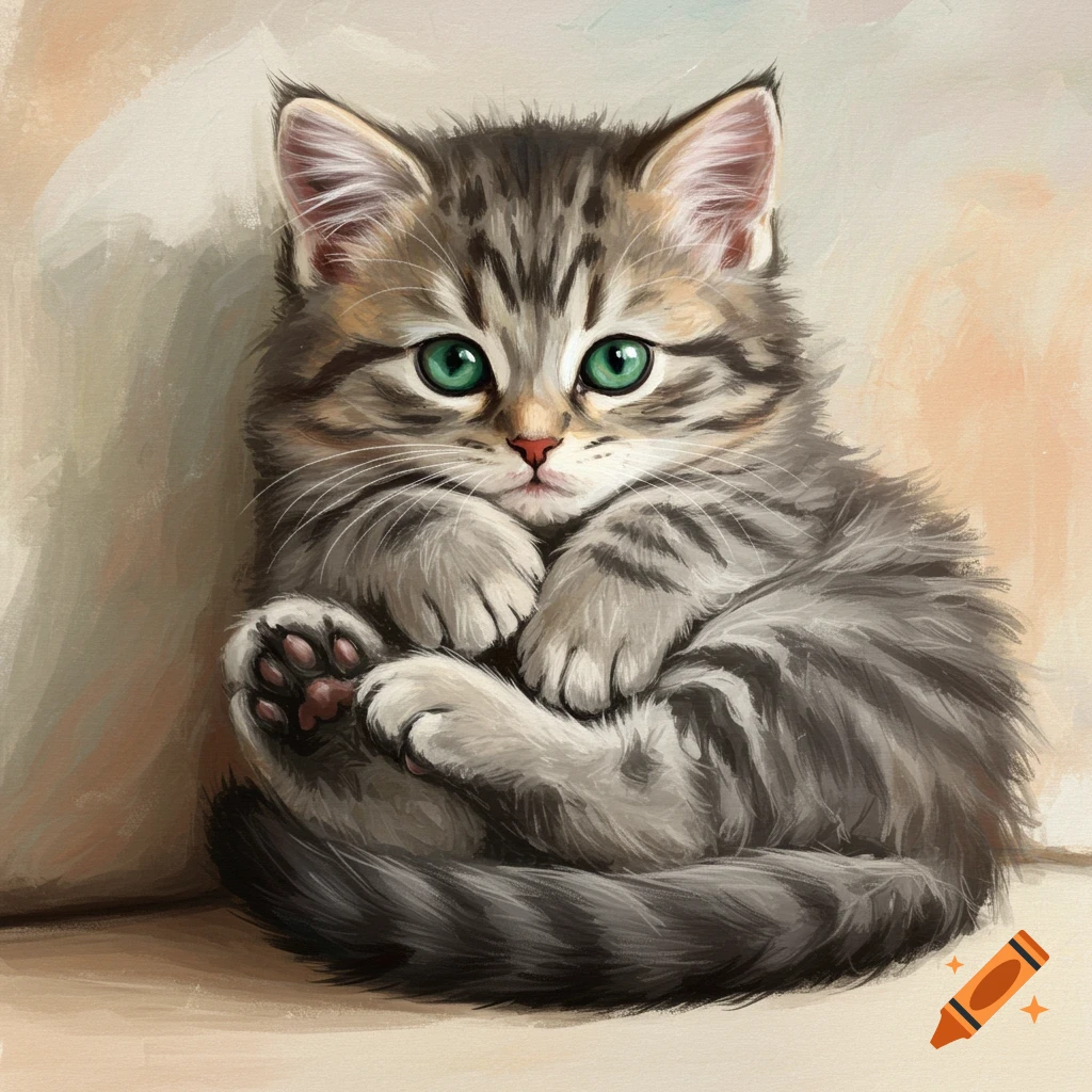 A fluffy grey tabby kitten with green eyes curled up in a painterly style.