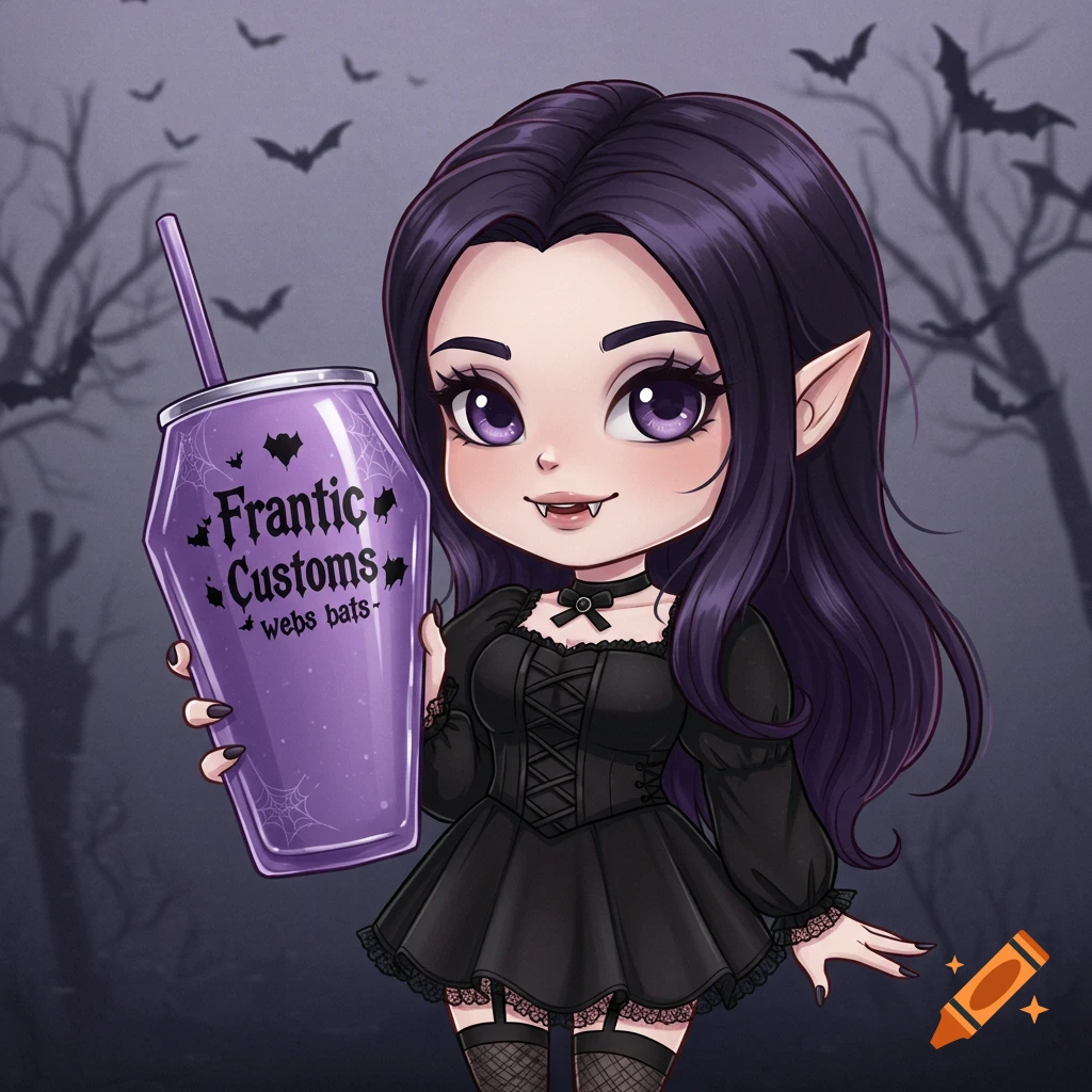 Cute chibi vampire girl holding a purple coffin-shaped cup with bats in a spooky forest.