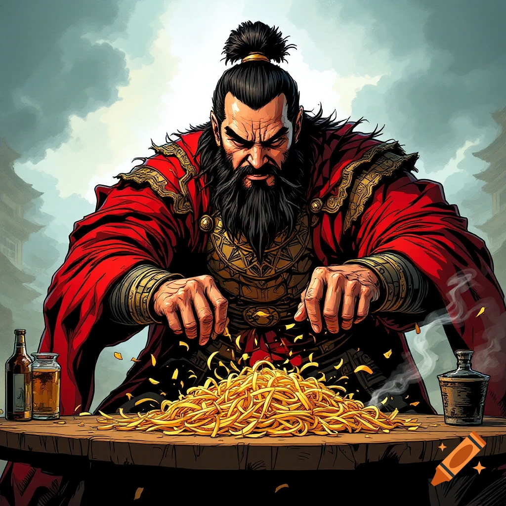 Fierce man in historical robes preparing noodles in comic art style