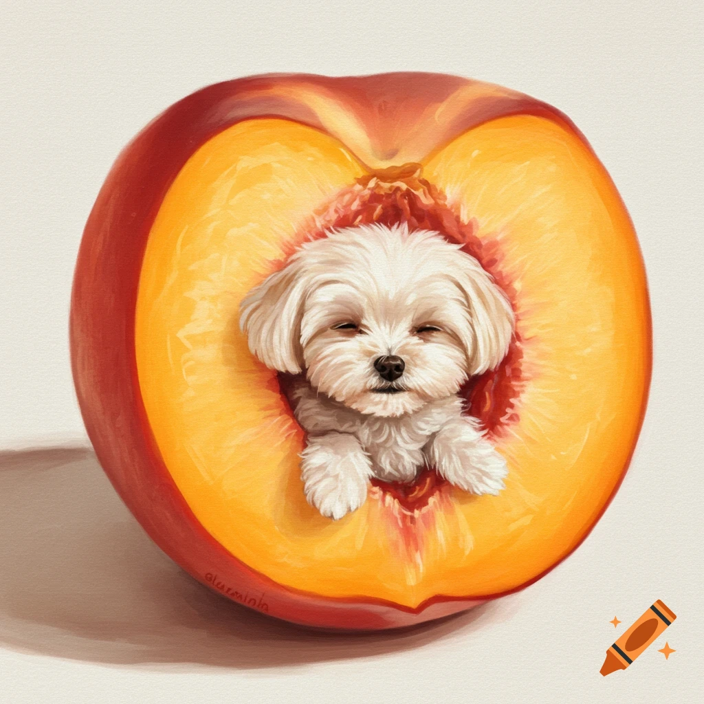A white dog sits inside a cut peach.