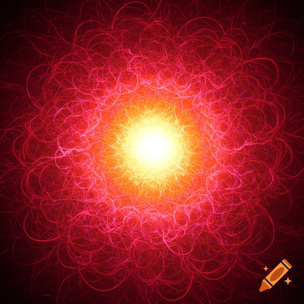 Abstract red and pink swirling lines radiate from a bright yellow-orange center like an energy vortex.
