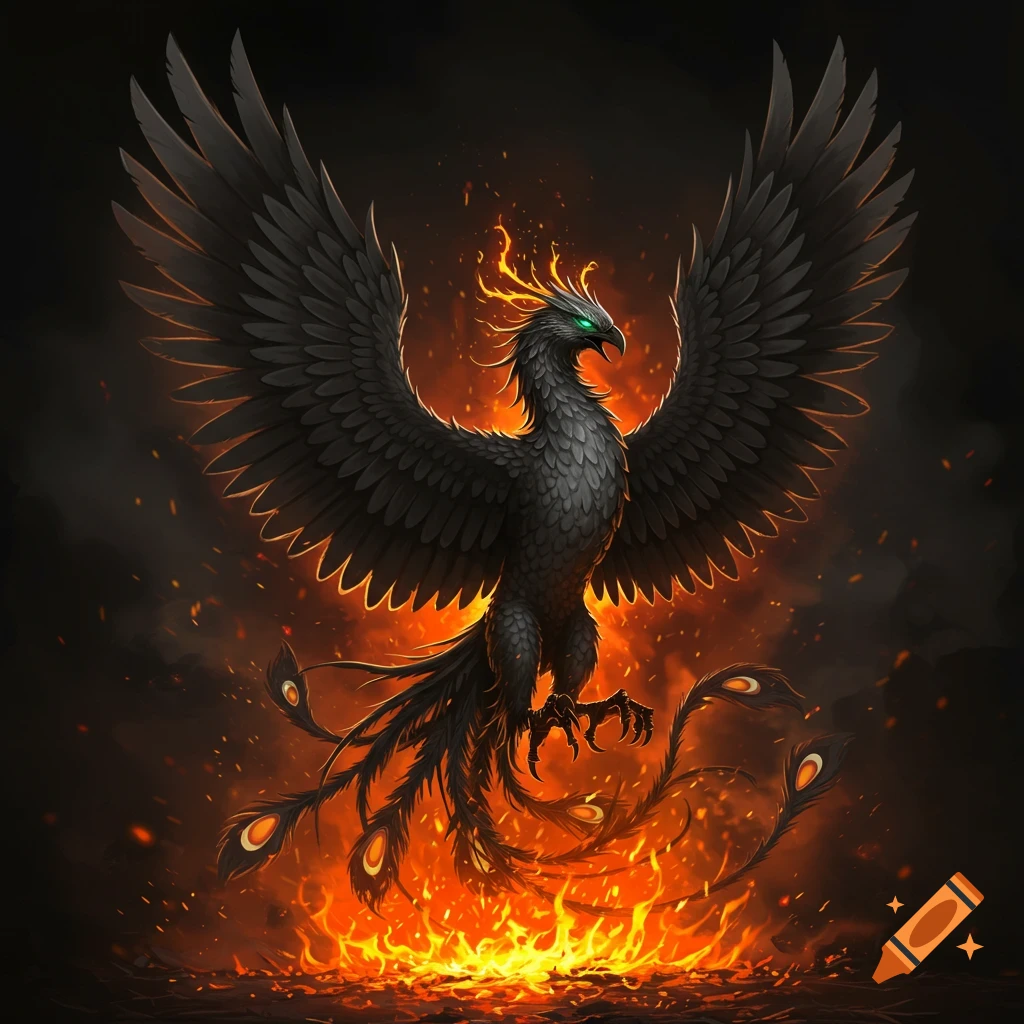 A black and grey phoenix rising from fire.