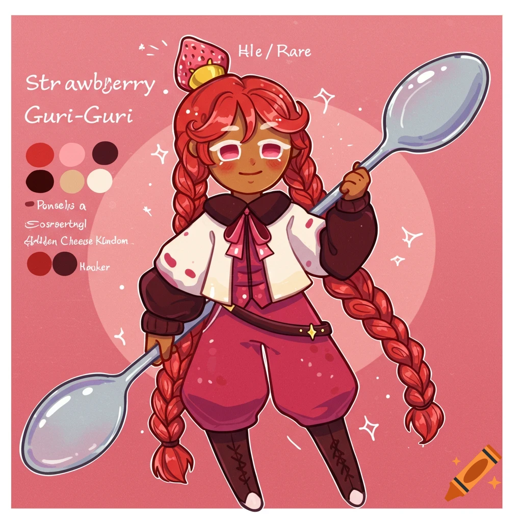 Cartoon strawberry character with braided red hair holds two large spoons in a character sheet style illustration.