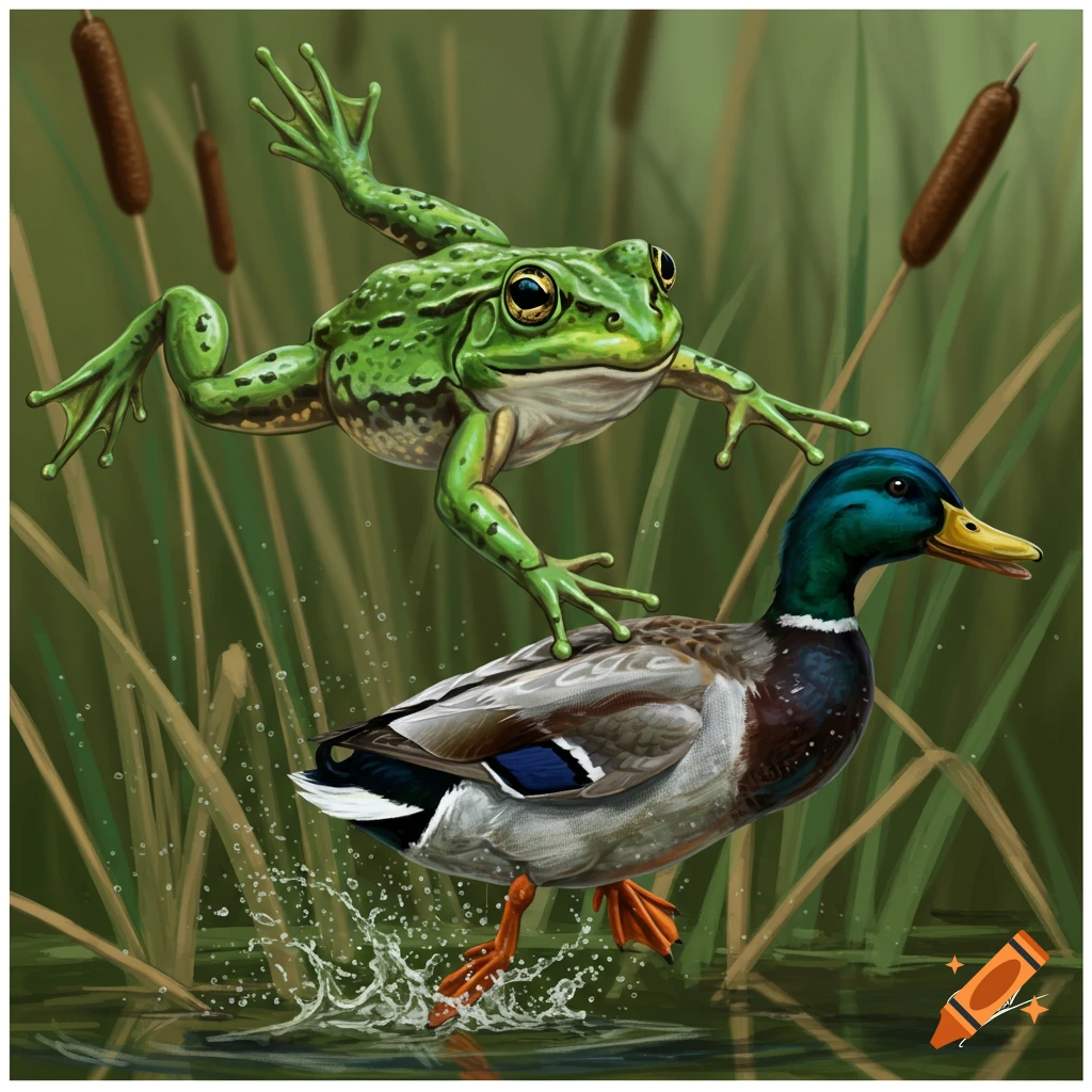 A green frog riding on a mallard duck through water with reeds.