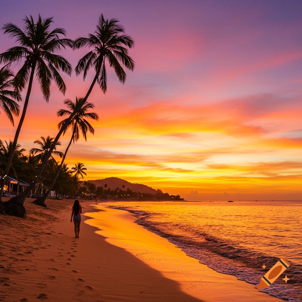 A person walks on a tropical beach at sunset, with palm trees and colorful sky reflected on the water.