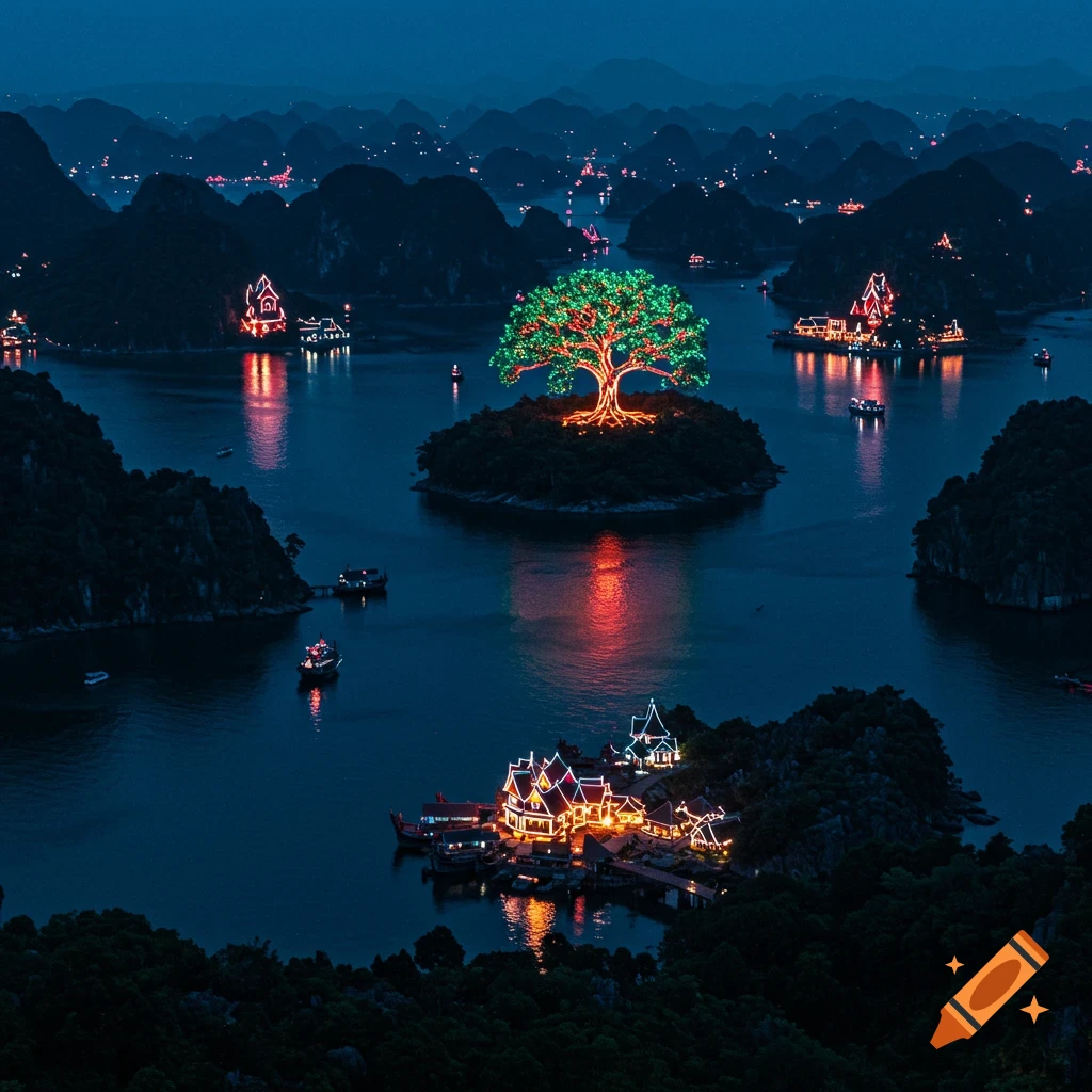 Night landscape of islands in water with illuminated structures and a glowing tree on a central island.