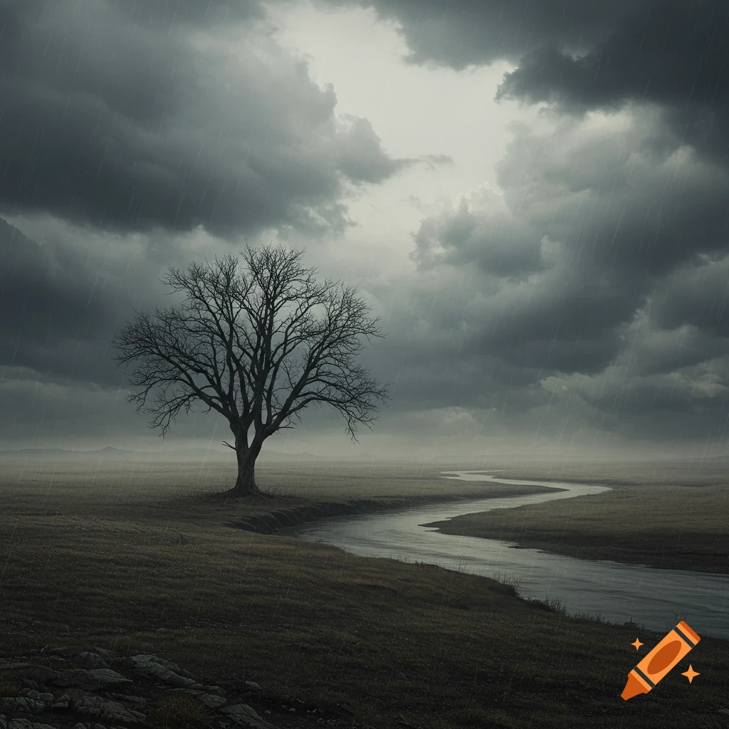 A gloomy landscape with a bare tree, river, and rain under a dark sky.