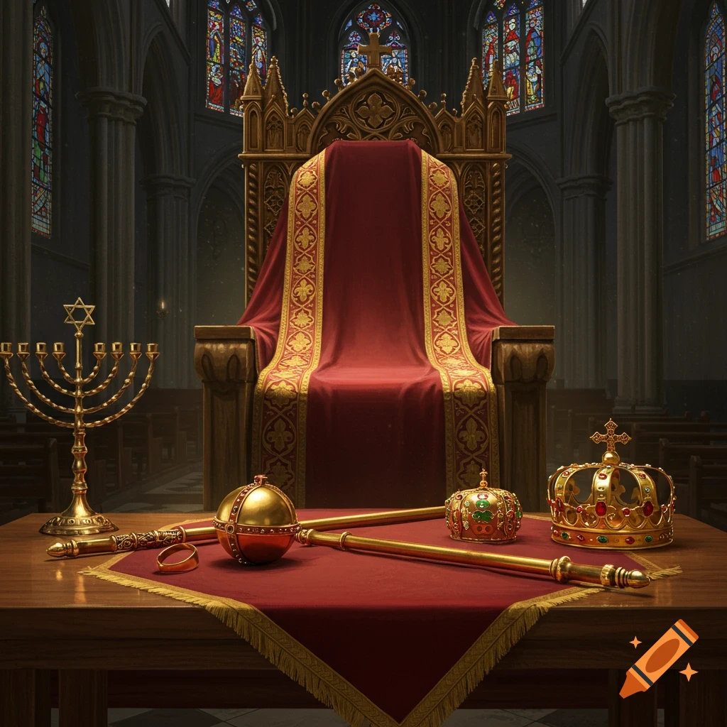 An ornate throne draped in a red robe, with royal regalia and a menorah on a table in a gothic church.