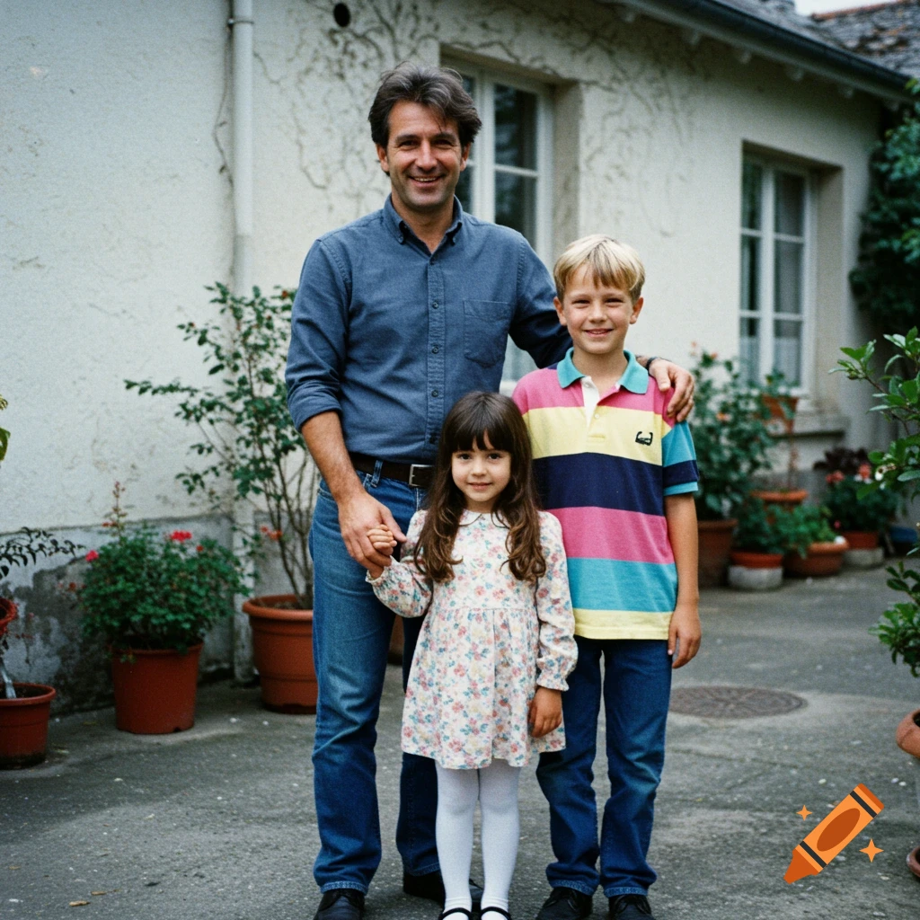 A family photo from the 90s shows a father, son, and daughter standing outside a house.