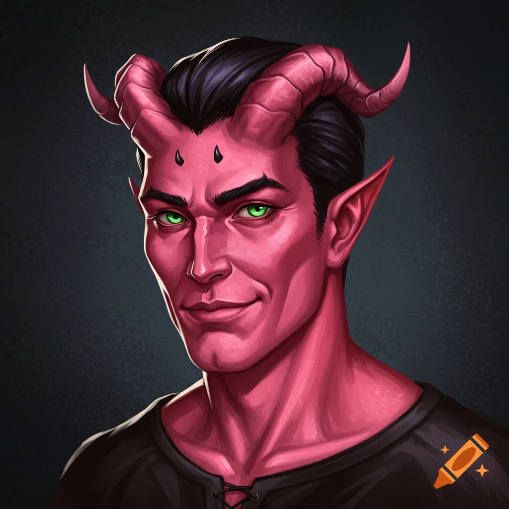 Portrait of a pink-skinned tiefling man with green eyes, black hair, small horns, and a black shirt.