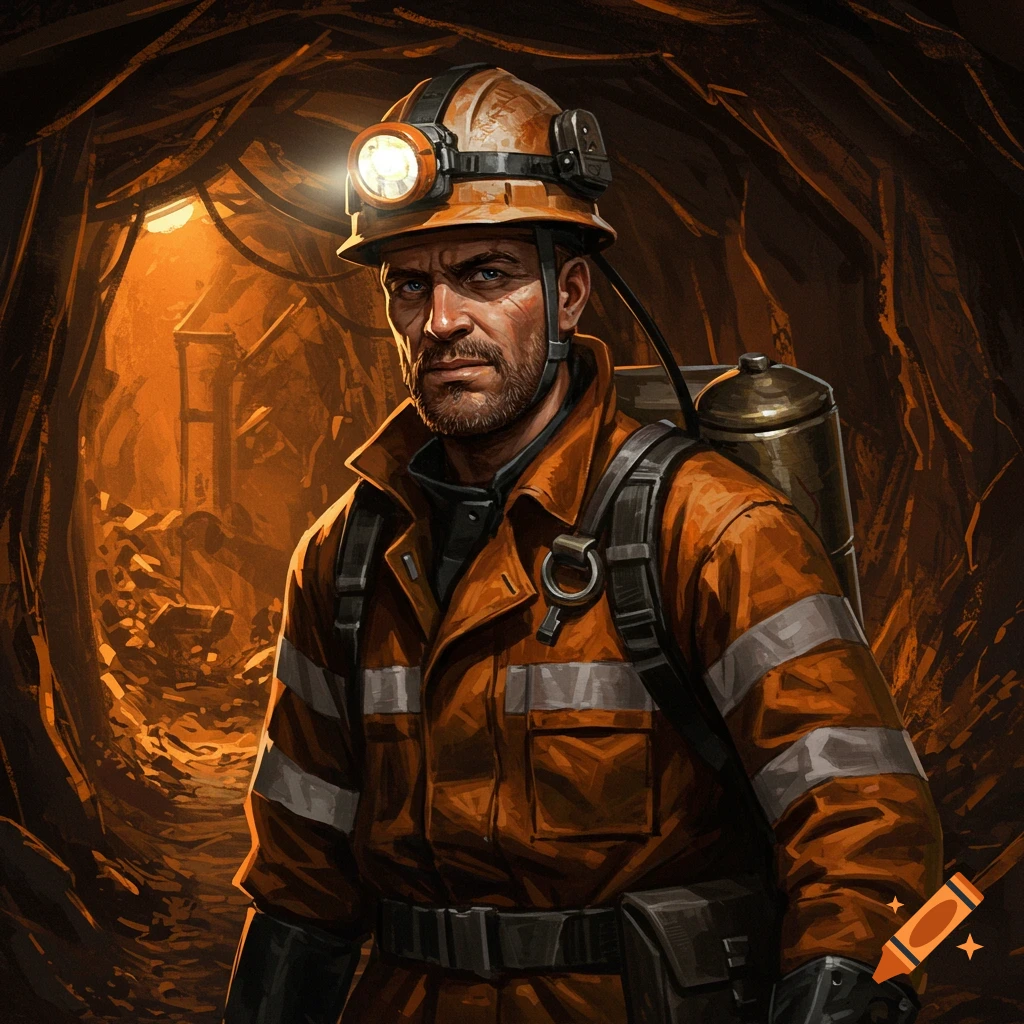 A mine rescuer wearing an orange suit and headlamp inside a mine tunnel.