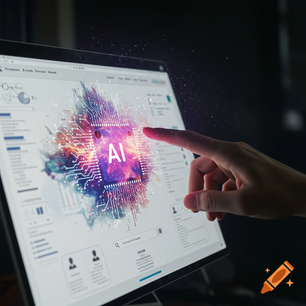 Hand touches laptop screen displaying a glowing AI chip graphic
