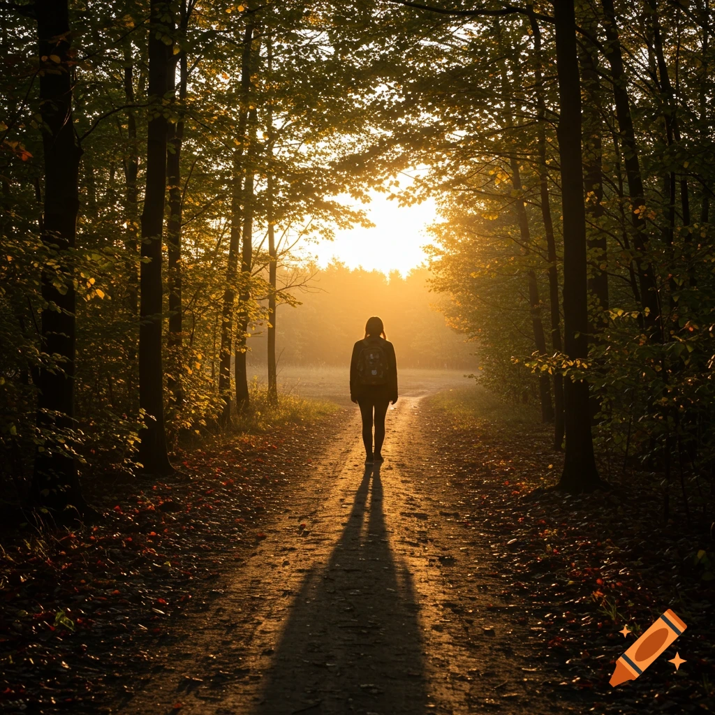 A person walks away down a sun-drenched forest path, casting a long shadow.