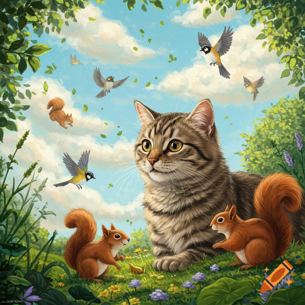 A large tabby cat is among squirrels and birds in a sunny field.