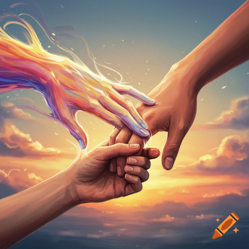 Two hands connecting against a sunset sky, one hand stylized with colorful wind.