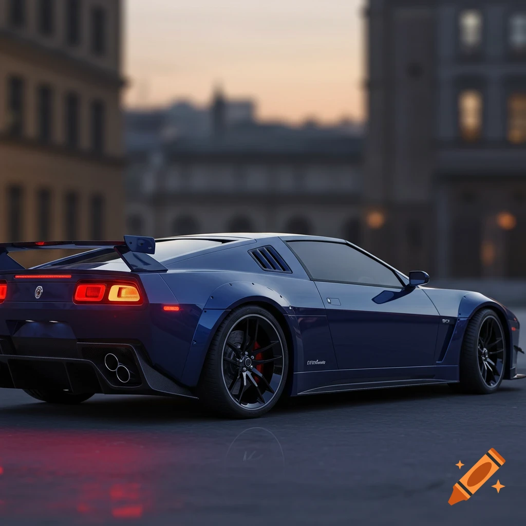 A blue sports car with a large rear wing parked on a wet street at dusk.