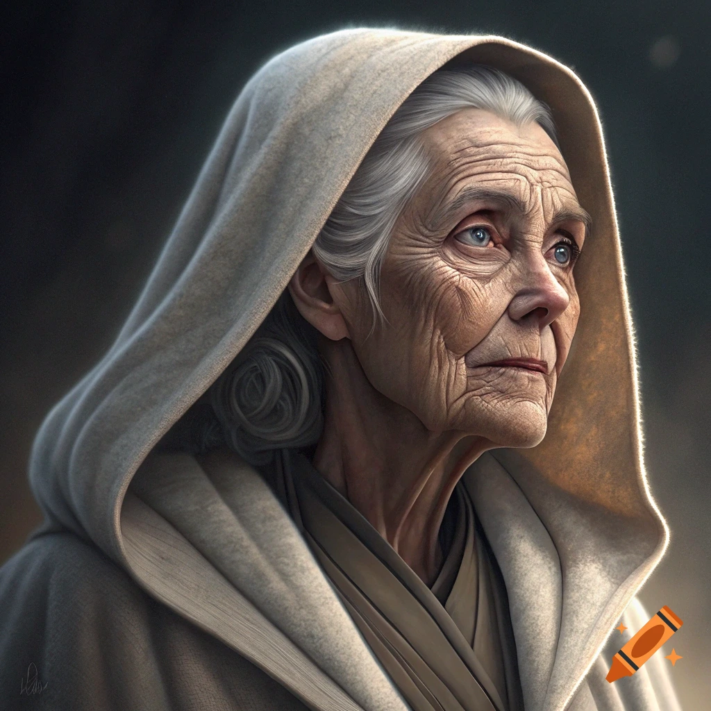Close-up portrait of an elderly woman with wrinkles wearing a hooded robe, looking thoughtful.