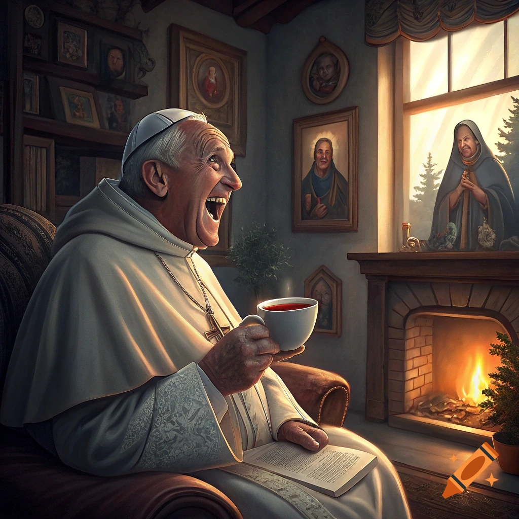 A laughing Pope sits by a fireplace, holding a cup and reading a book, with a figure in a habit in the window.