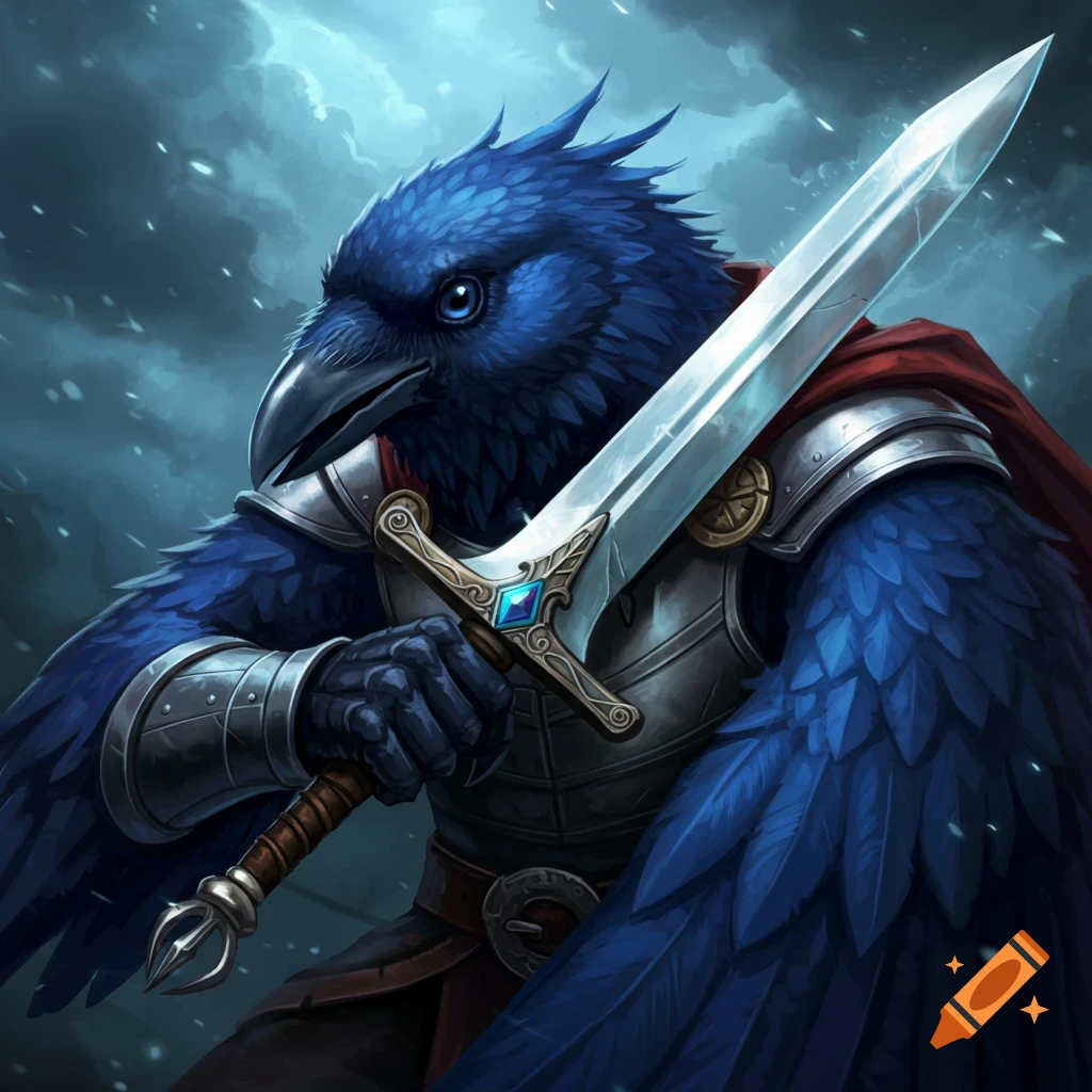 A blue bird character wearing armor and holding a sword.