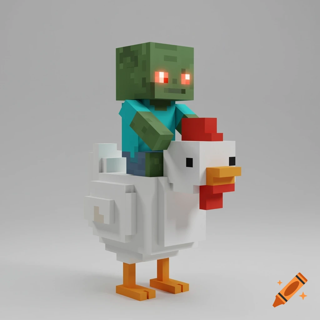 A blocky zombie rides a blocky chicken in a voxel art style.