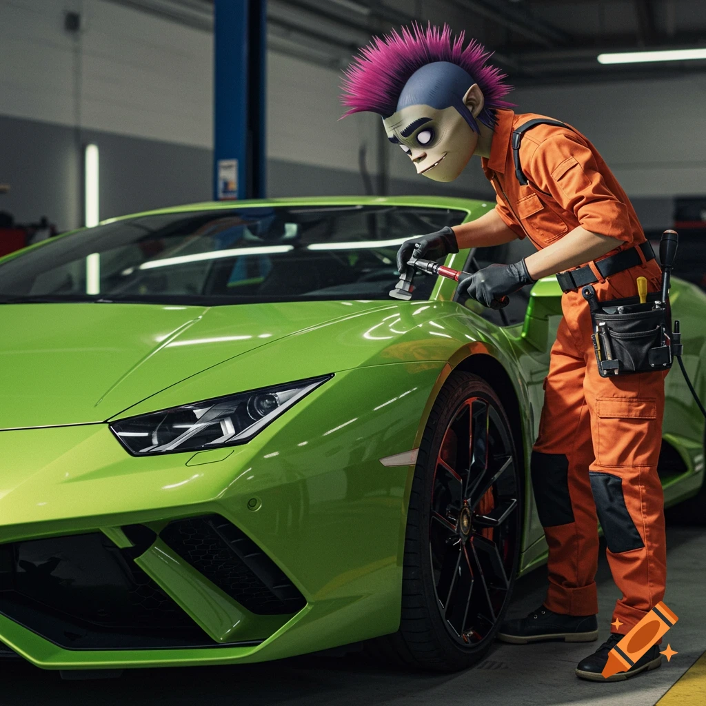 A character resembling a Gorillaz band member polishes a bright green Lamborghini in a garage.